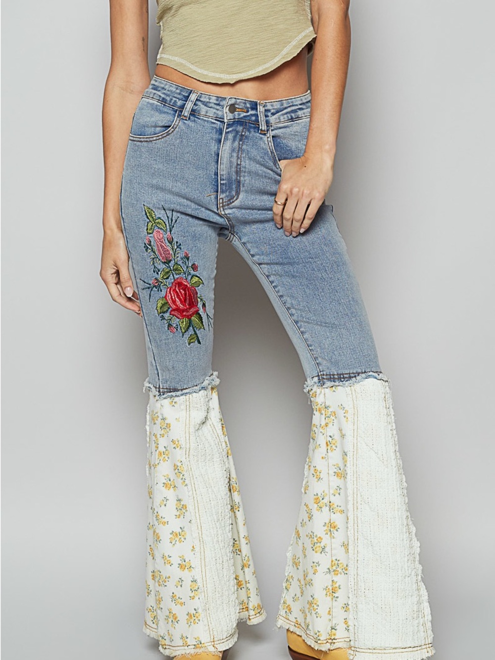 POL  Embroidered Floral Wide‑Leg Jeans
